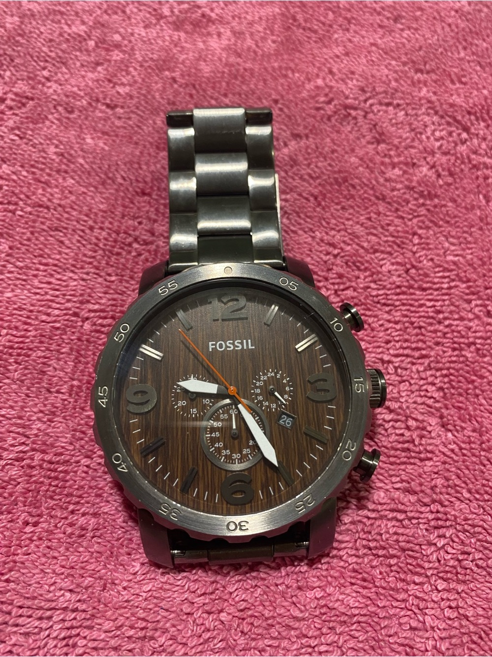 Fossil Brown Wood-Texture Dial Chronograph with Gunmetal Bracelet